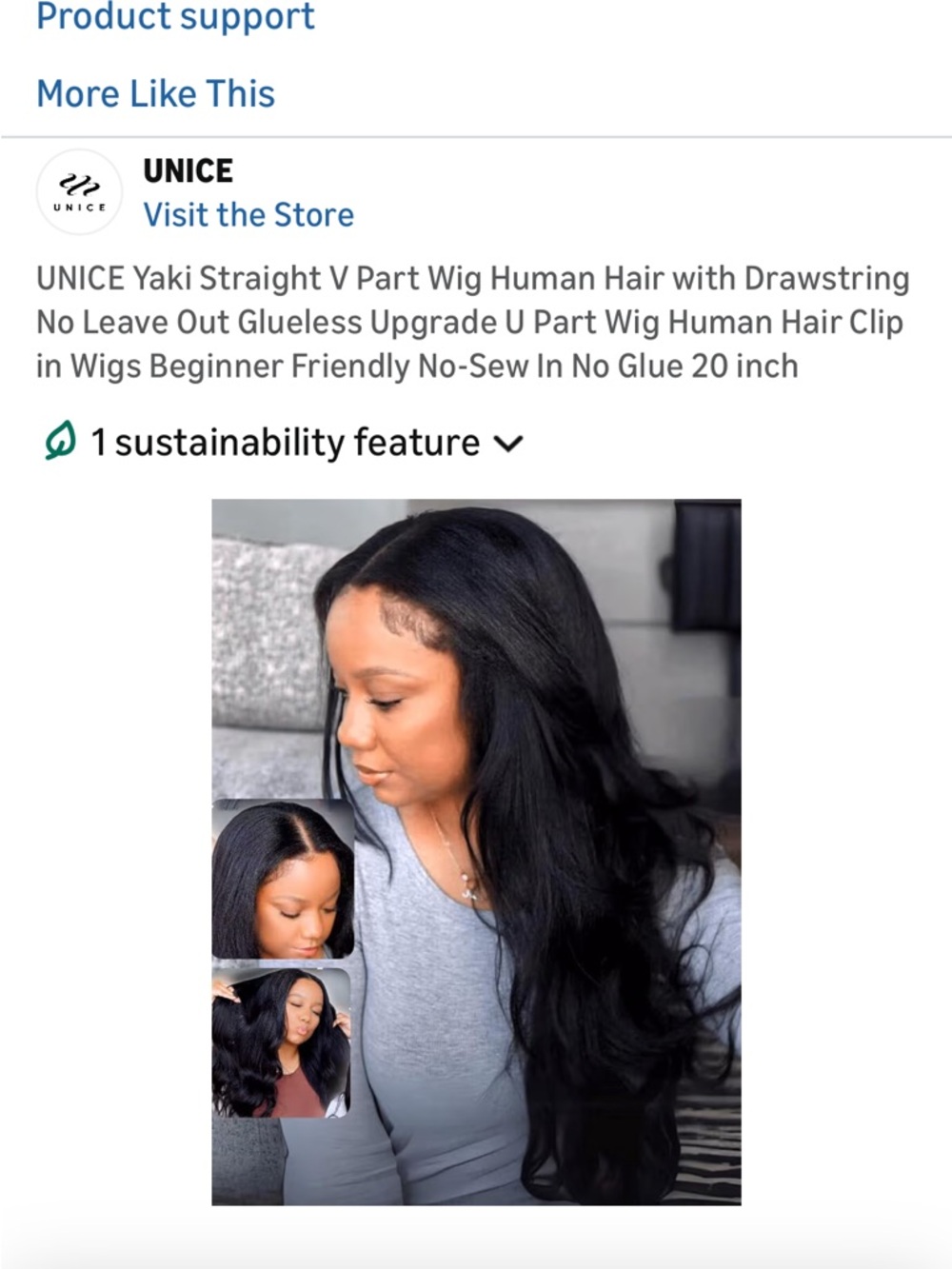 UNICE Black Long Yaki Straight V-Part Wig — 20 Inch
